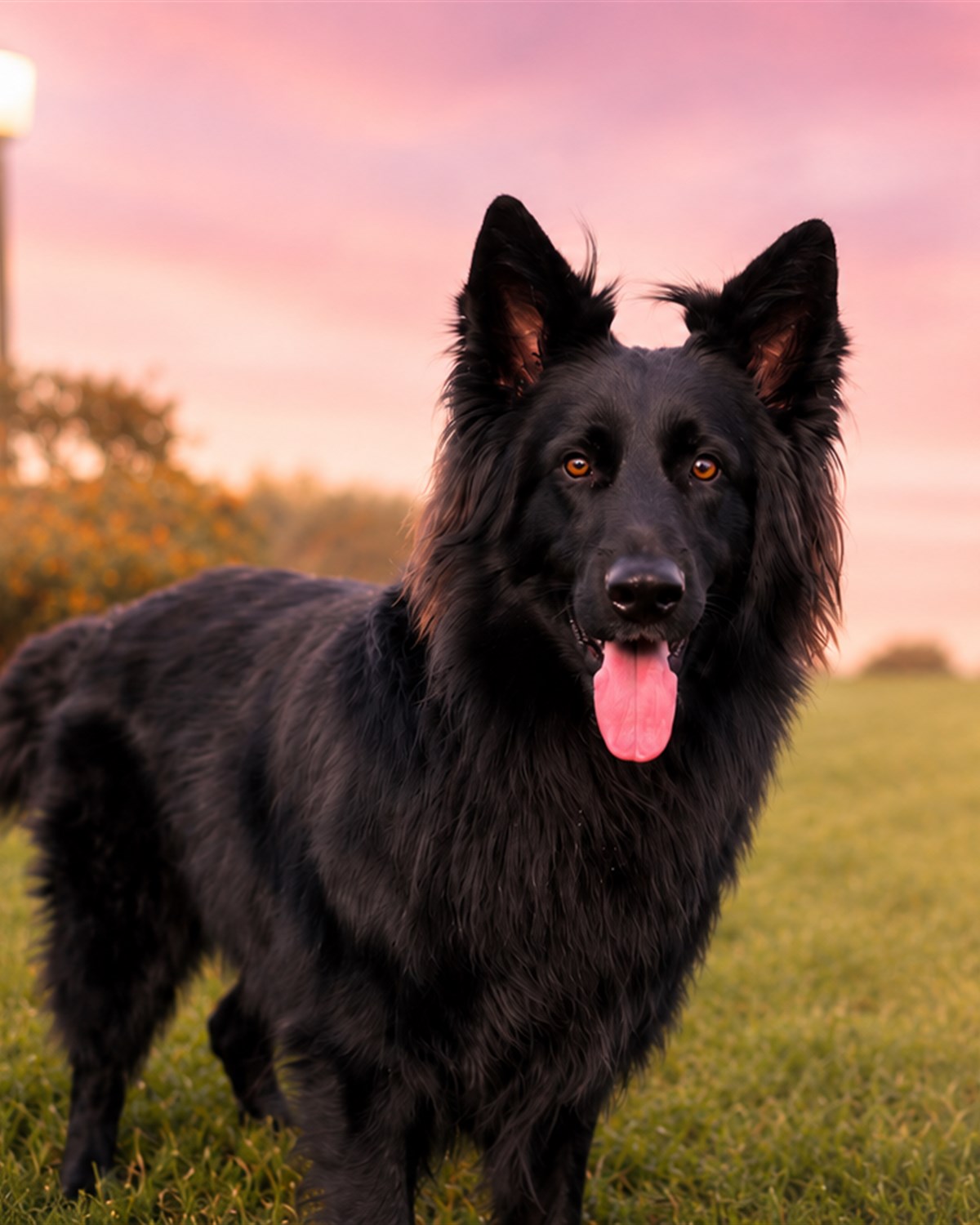 Black shepherd standing in grass at sunset