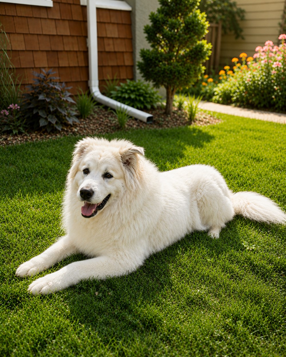 Great Pyrenees resting on grass after a luxury grooming appointment